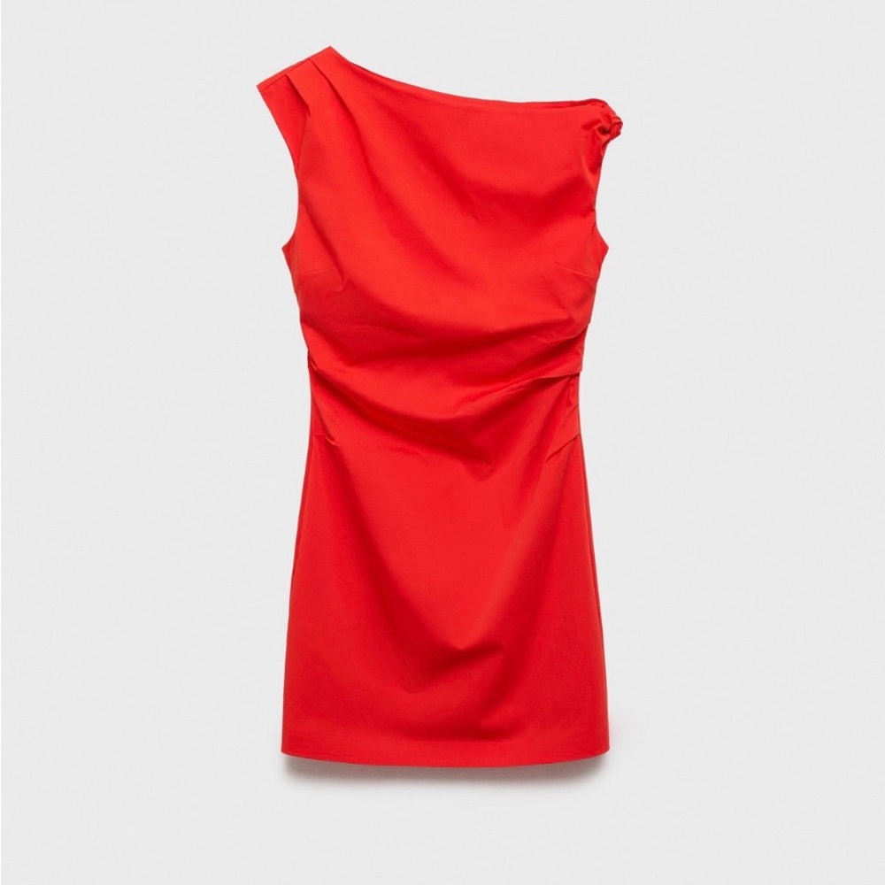 MANGO Red Coral Mini Dress with Asymmetrical Shoulder - Small, NEW WITH Tags